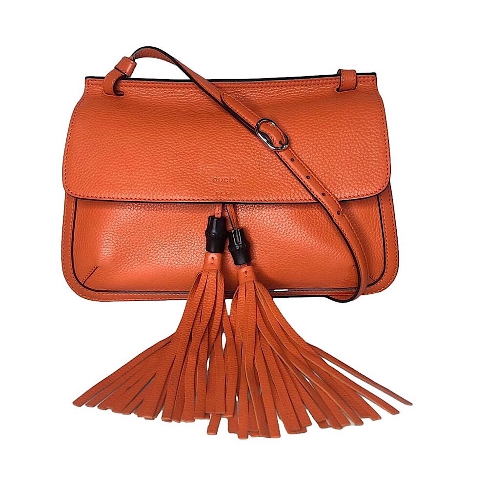 GUCCI Bamboo Leather Tassel Shoulder Bag with Single Flap Closure